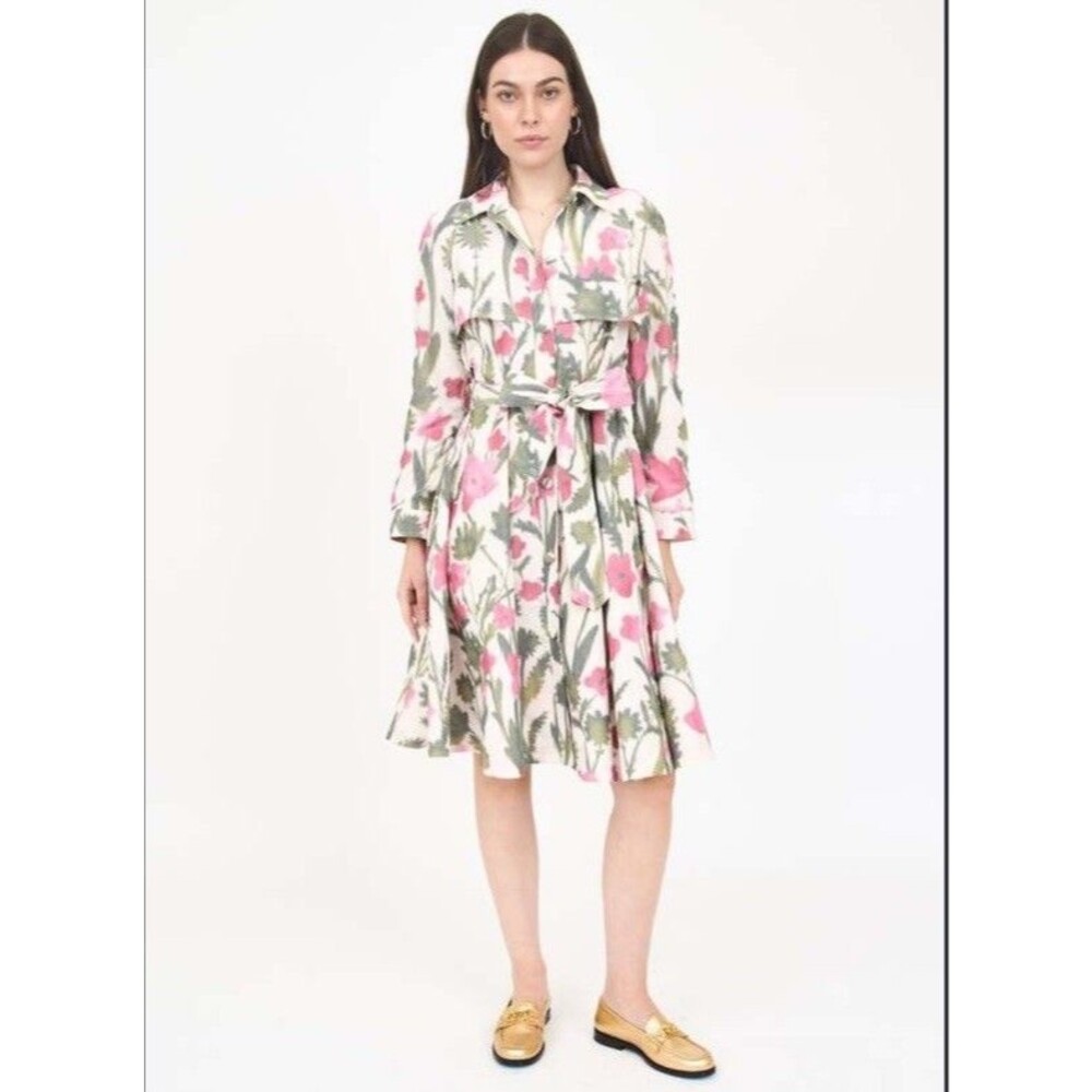 Christy Lynn Trench Coat Floral Long Duster Tie Button Luxury Medium